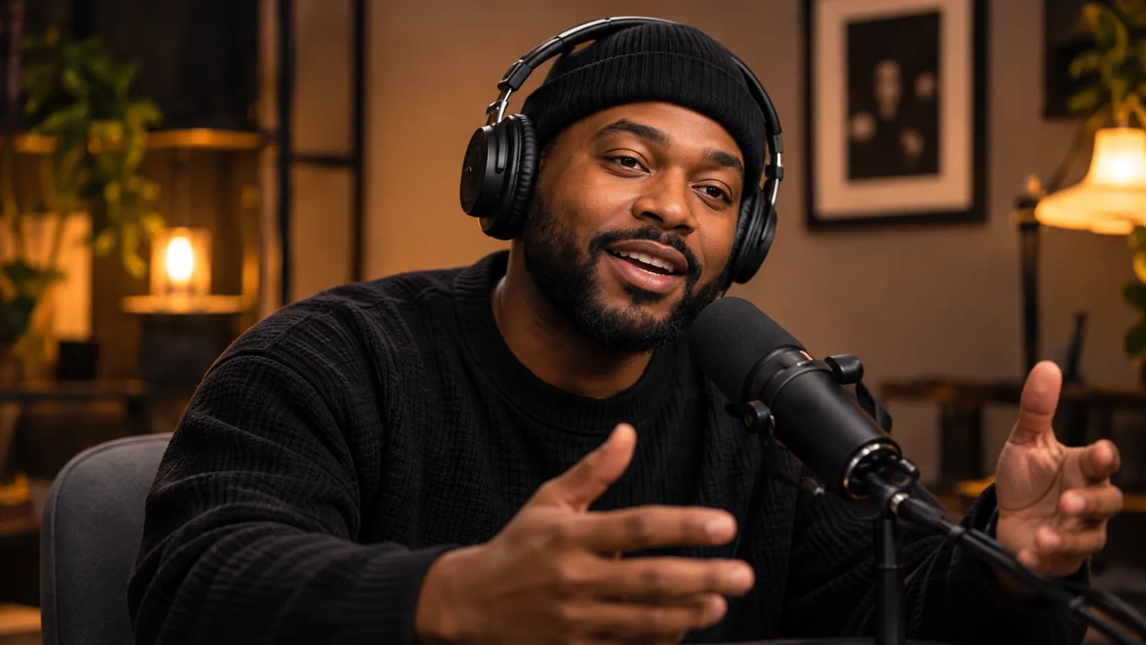 A podcast host speaking into a studio microphone